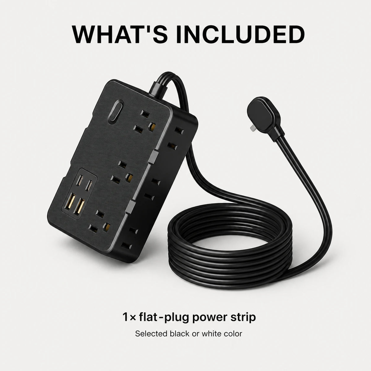 PAUD™ Flat Plug Power Strip — what's included