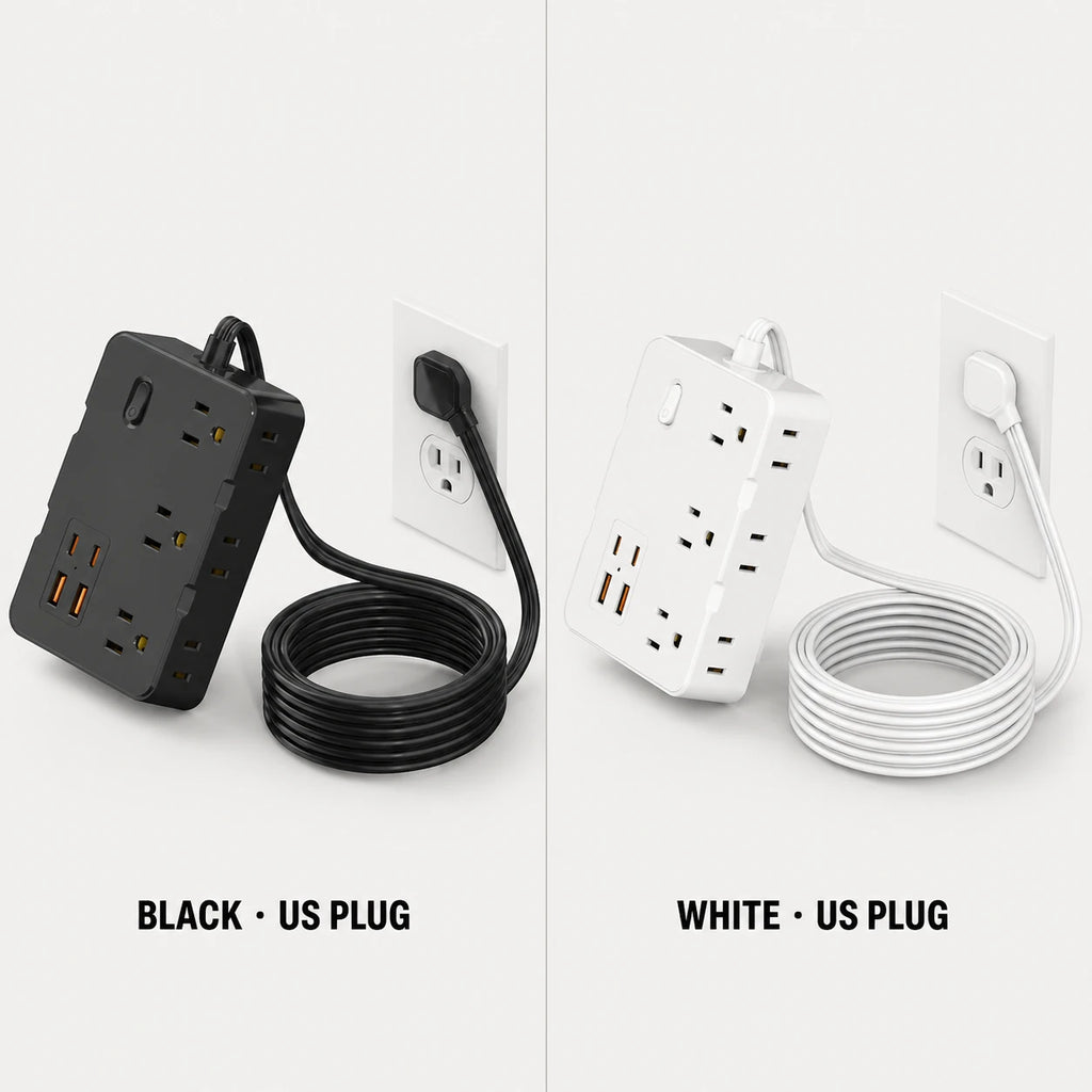 PAUD™ Flat Plug Power Strip — lifestyle and size