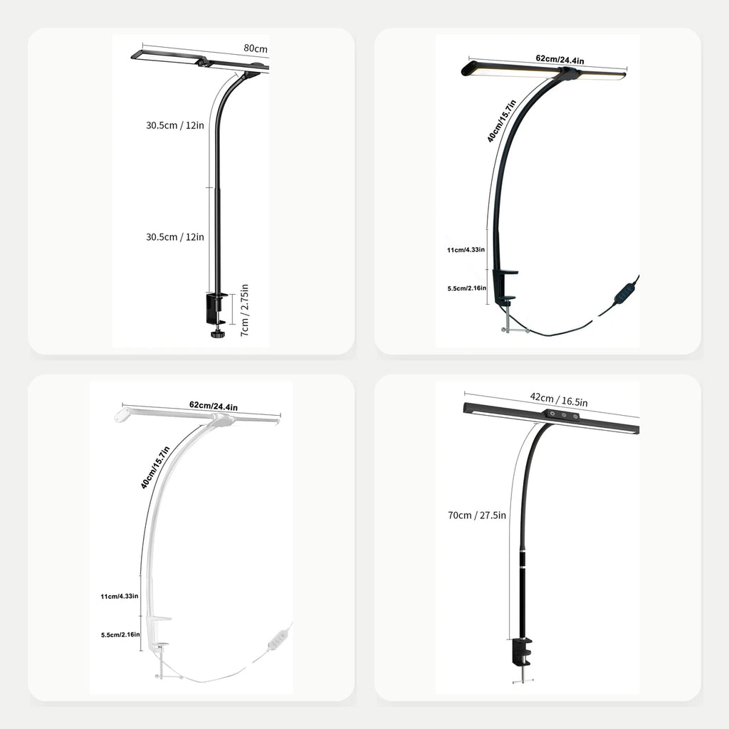 Single double and three-head LED desk lamp options with secure screw clamps
