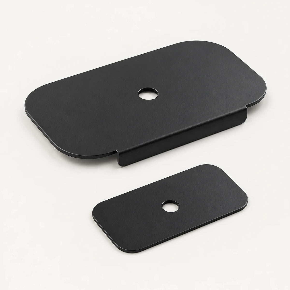 Pair of black monitor mount reinforcement plates with circular clamp holes