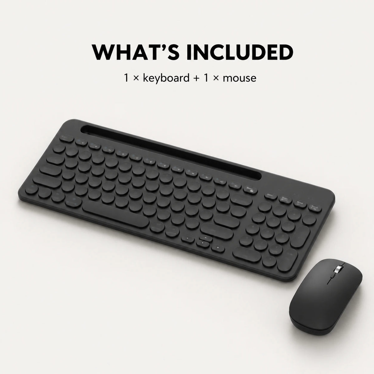 One black multi-device keyboard and one matching mouse