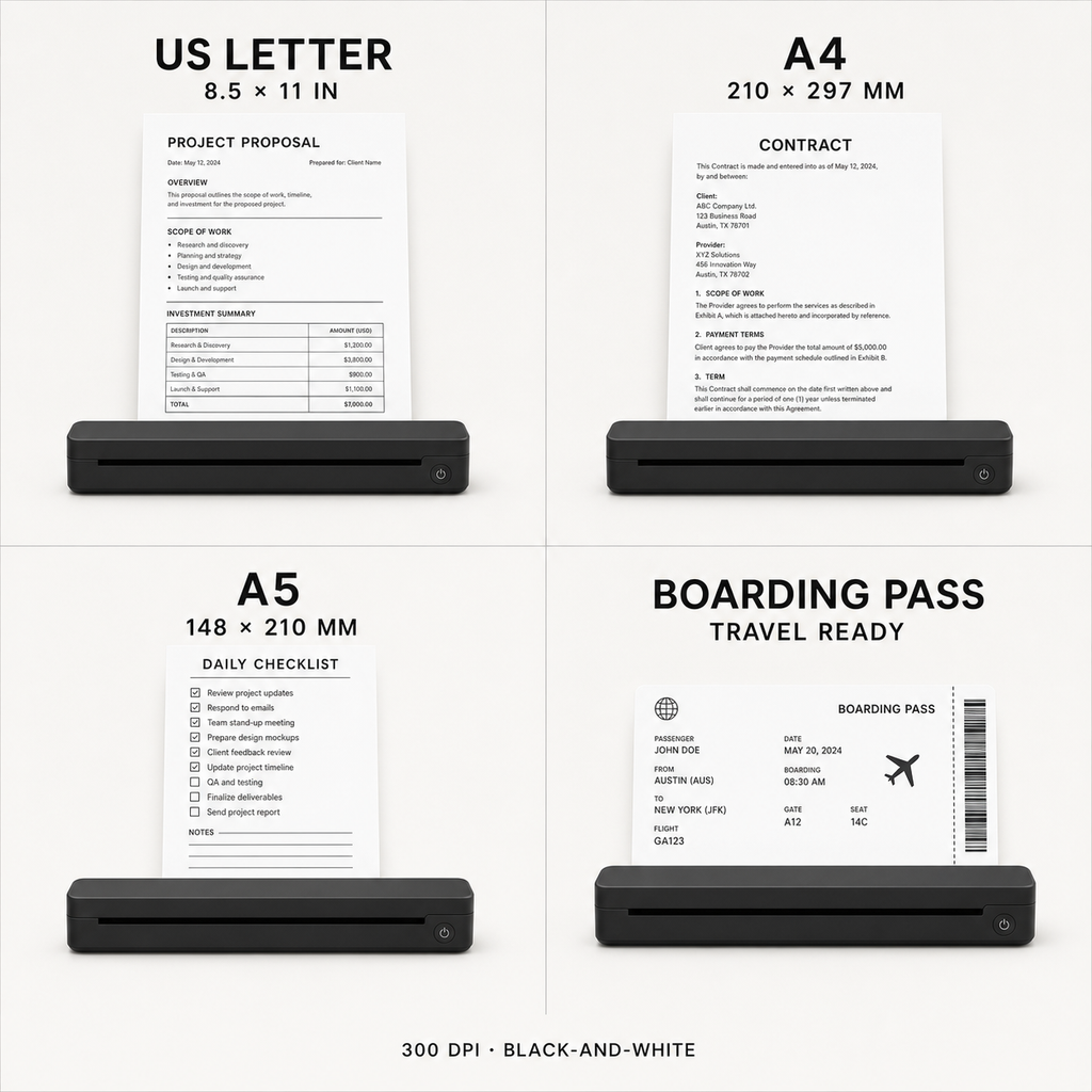 PAUD Inkless Portable Printer — US Letter, A4, A5 and boarding pass formats at 300 dpi