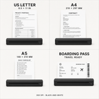 PAUD Inkless Portable Printer — US Letter, A4, A5 and boarding pass formats at 300 dpi