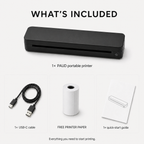 PAUD Inkless Portable Printer package — printer, USB-C cable, free starter paper roll and quick-start guide