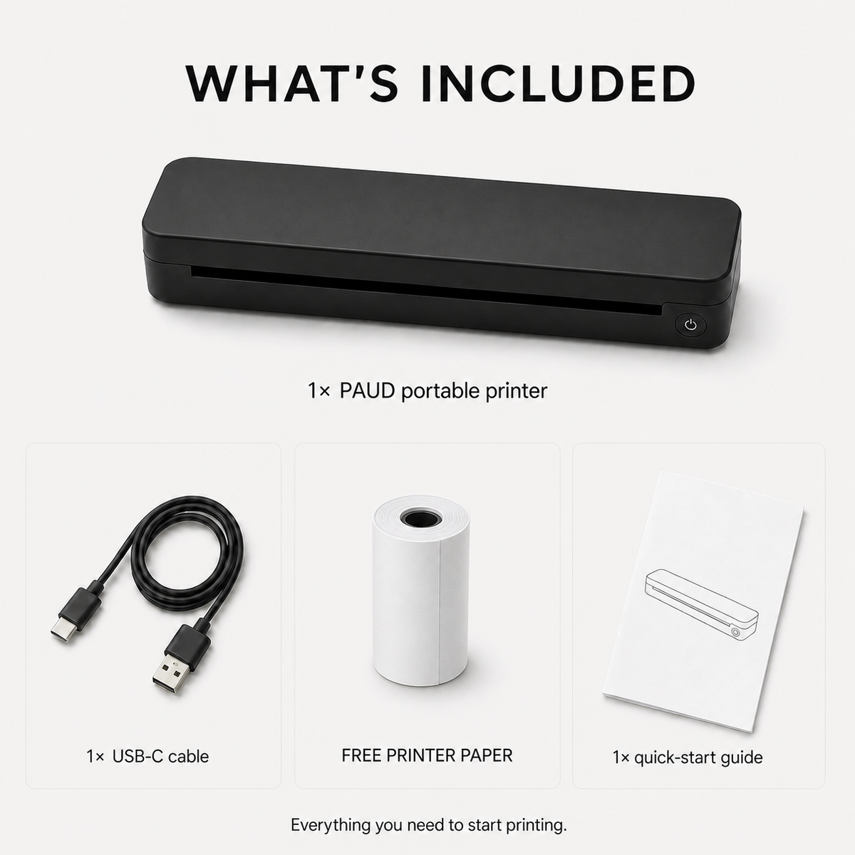 PAUD Inkless Portable Printer package — printer, USB-C cable, free starter paper roll and quick-start guide