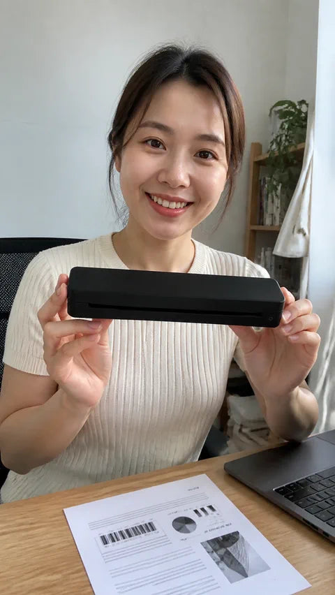 Customer using the black PAUD portable printer in a home office