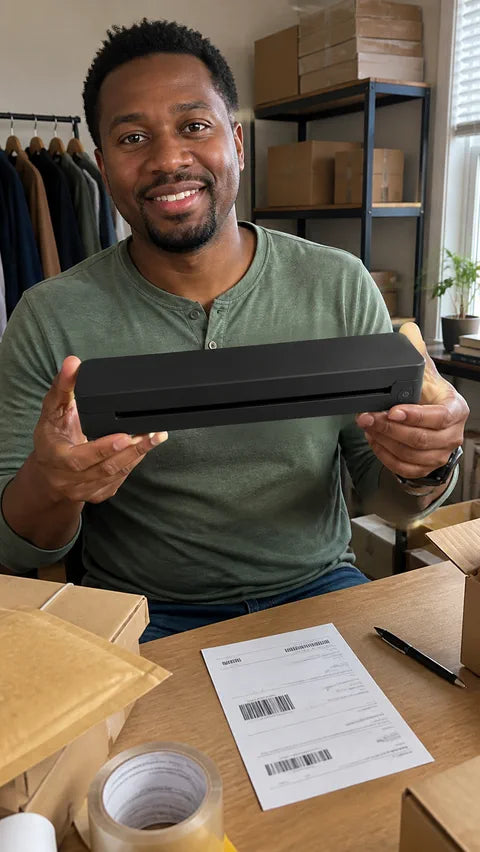 Online seller with the black PAUD portable printer