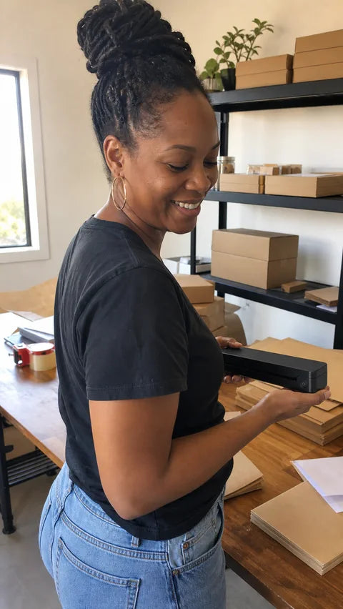 Ecommerce owner using the black PAUD portable printer
