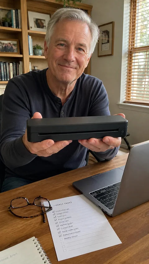 Home-office customer with the black PAUD portable printer