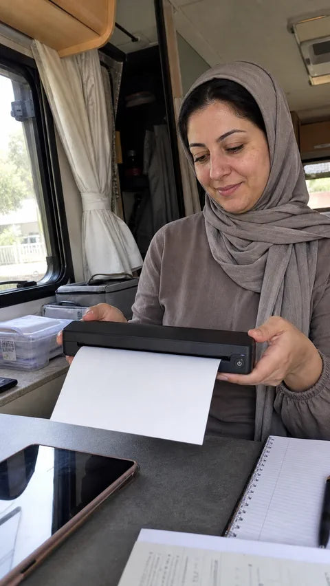 Customer using the black PAUD printer as a mobile office