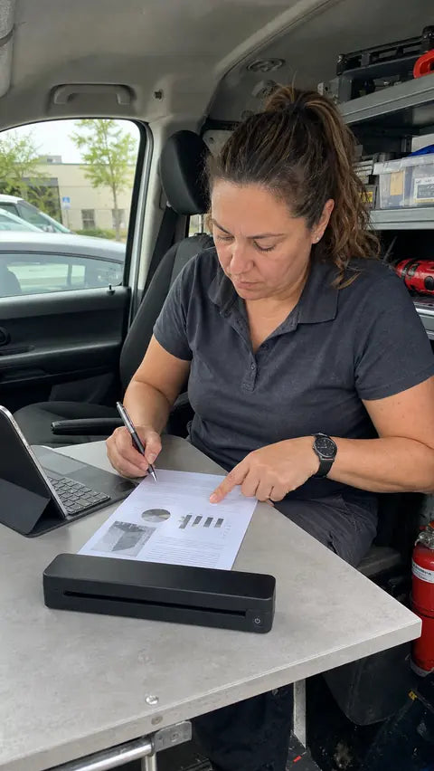 Field coordinator reviewing a printed route sheet beside the black PAUD portable printer