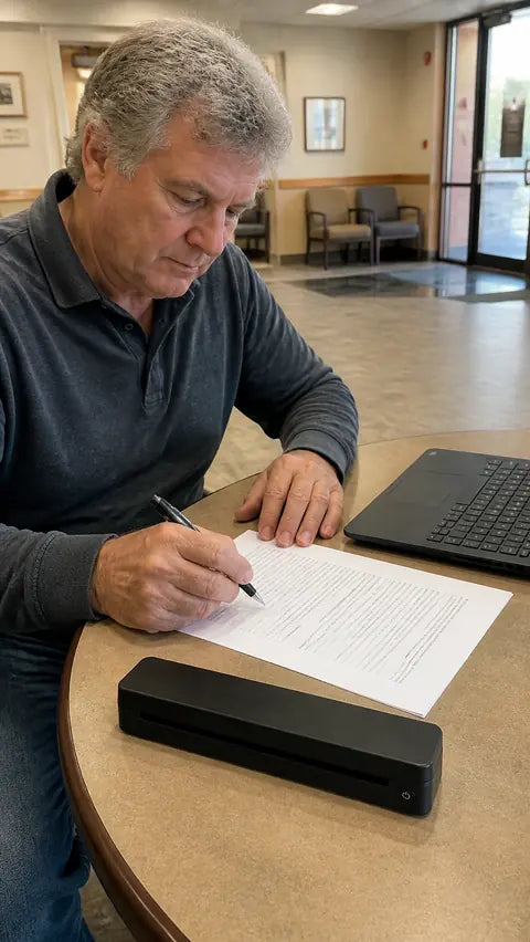 Mobile notary reviewing a contract beside the black PAUD portable printer