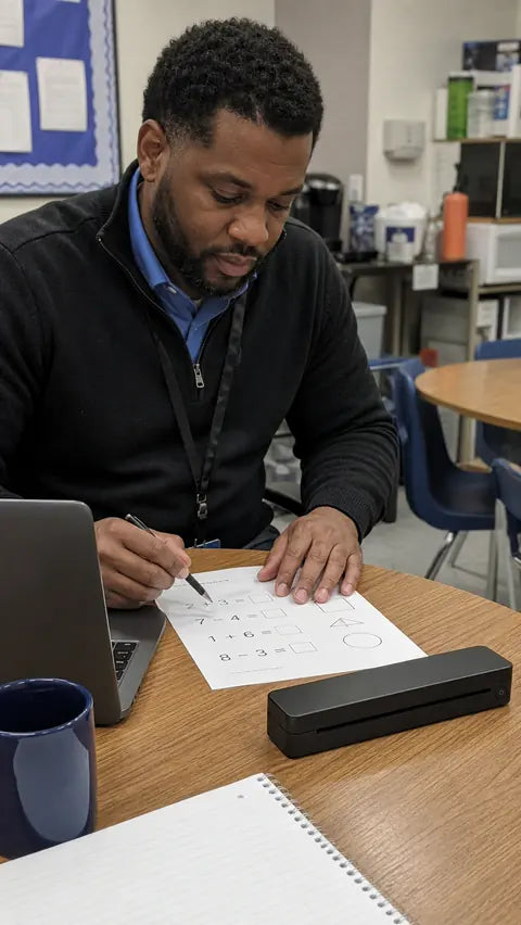 Teacher checking a worksheet beside the black PAUD portable printer