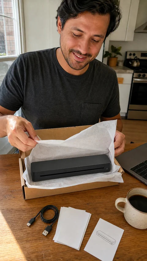 Customer unboxing the black PAUD printer in an apartment workspace