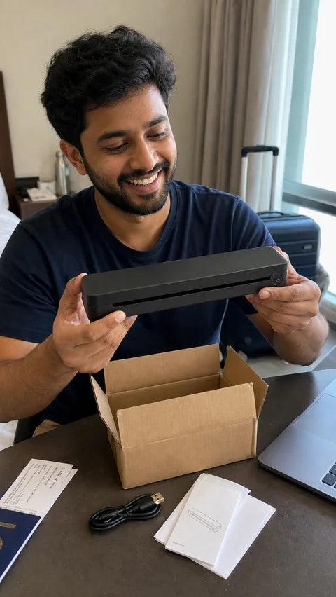 Digital nomad unboxing the black PAUD portable printer