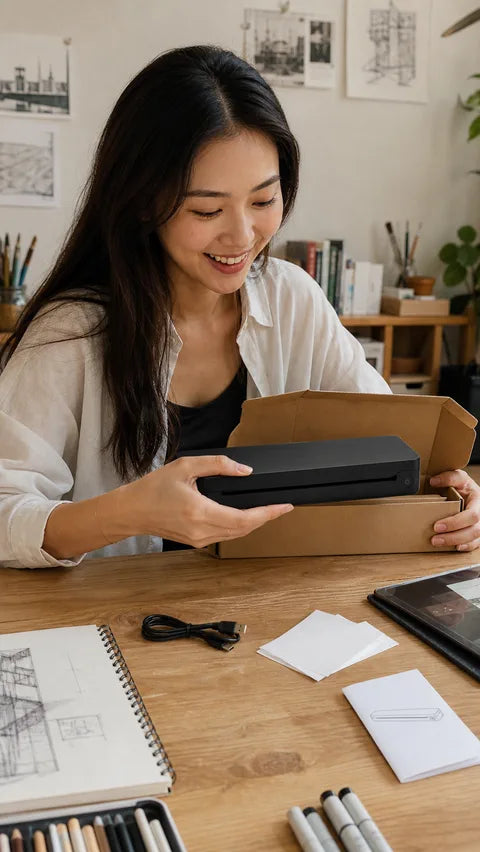 Creative professional unboxing the black PAUD portable printer