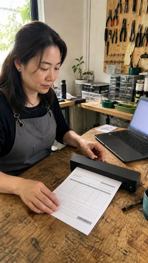 Small-business owner printing an order form with the black PAUD portable printer