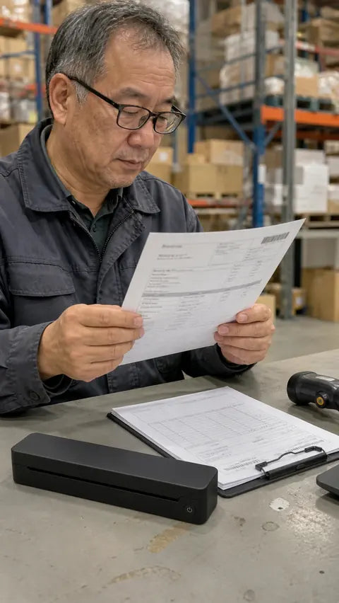 Warehouse manager reviewing an invoice beside the black PAUD portable printer