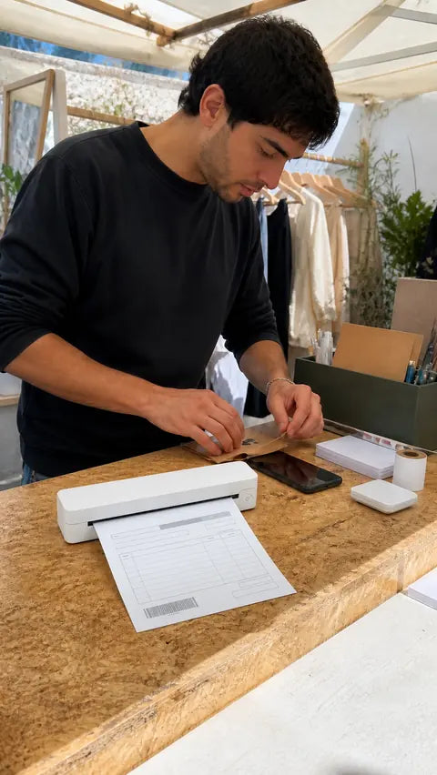 Pop-up market seller printing an invoice with the white PAUD portable printer