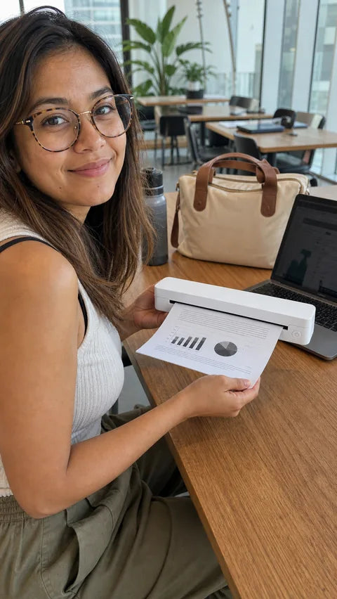 Traveler printing with the white PAUD portable printer in a coworking space