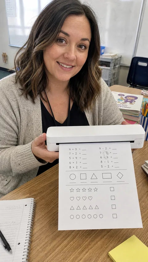 Teacher using the white PAUD portable printer with a worksheet