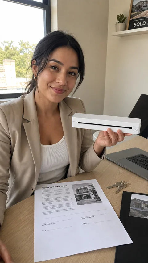 Real estate professional holding the white PAUD portable printer