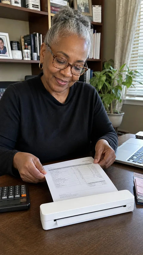 Bookkeeper using the white PAUD portable printer